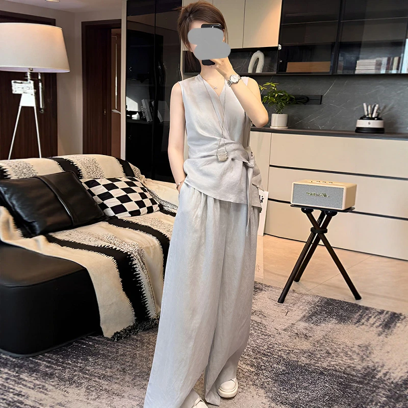 法式轻熟风气质休闲套装女夏松弛感绑带V领无袖衬衫阔腿裤两件套