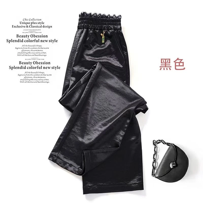 蕾丝松紧腰头百搭阔腿裤长裤夏季凉爽直筒裤大码薄款宽松高腰