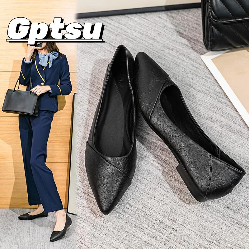 GPTSu工作鞋女士黑色平底鞋春季职业工装面试上班鞋软底皮鞋单鞋
