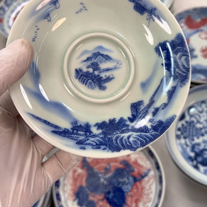 瓷片白青花山水壶承底托