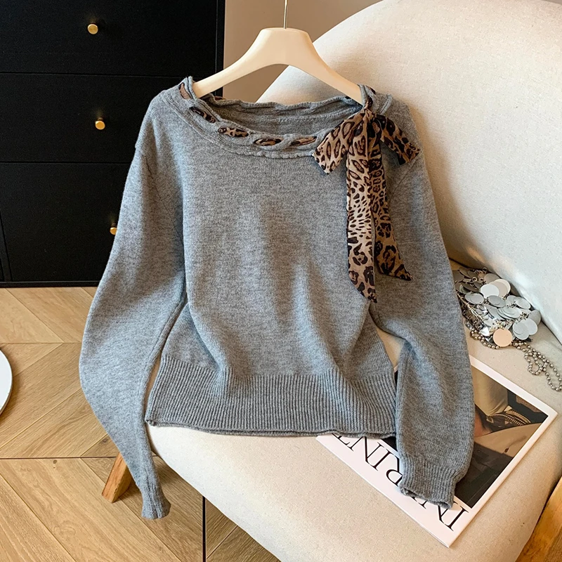 温柔风飘带丝巾长袖毛针织衫女秋冬法式减龄洋气百搭打底上衣9266