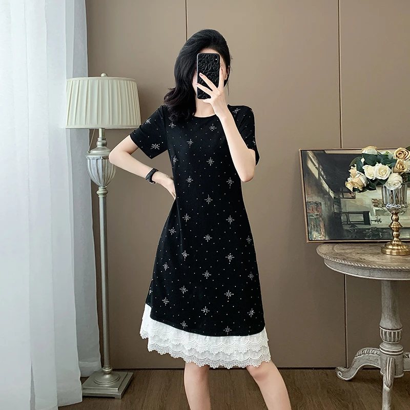 黑色法式拼接连衣裙女夏季2025新款休闲显瘦减龄气质高级感裙子