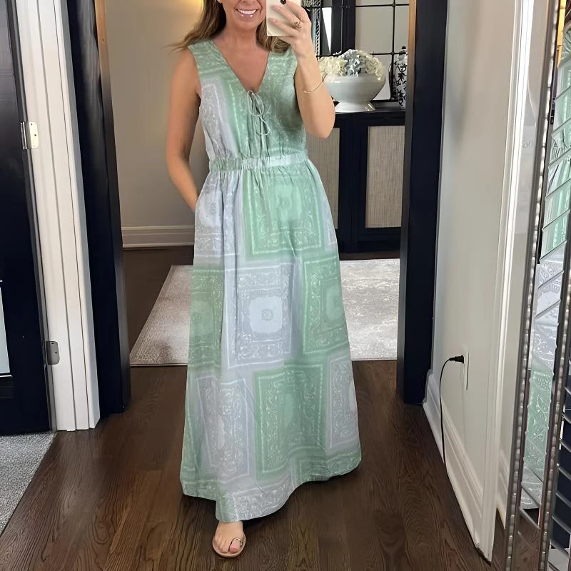 （衣兮时尚腰果花连衣裙）夏季新款波西米亚风无袖松紧腰长裙D