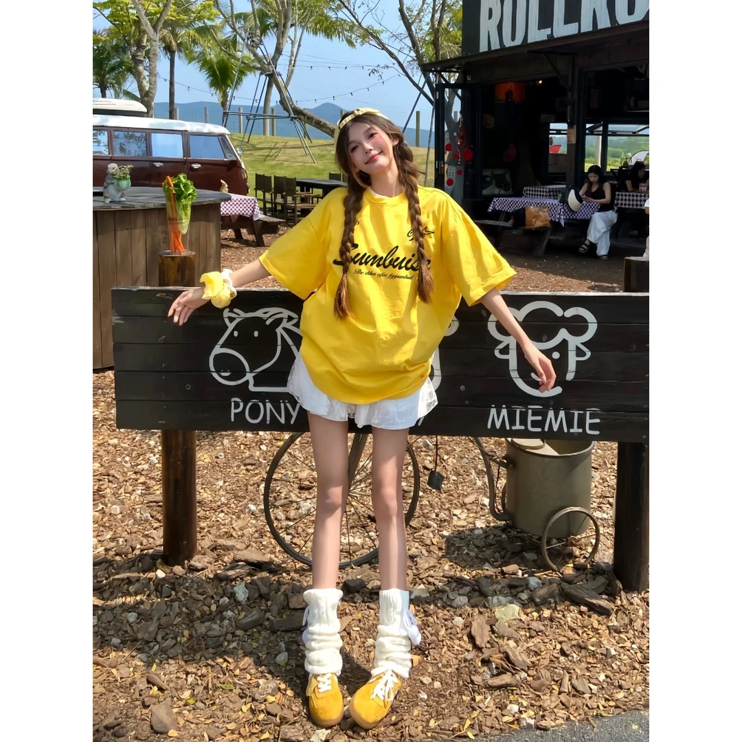 美式复古学院风趣味印花短袖t恤女夏季新款百搭显瘦圆领半袖上衣
