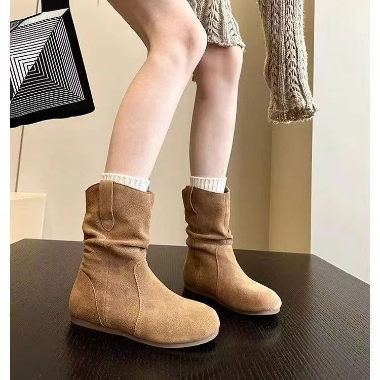 套筒绒面平底PU时装靴橡胶短筒圆头低跟(小于3cm)靴子冬季