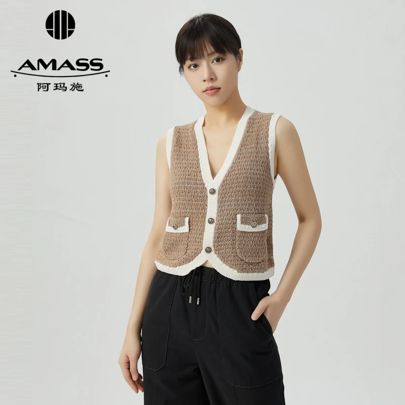 AMASS阿玛施 时尚减龄百搭V领小香风针织马甲5499207无袖马夹休闲