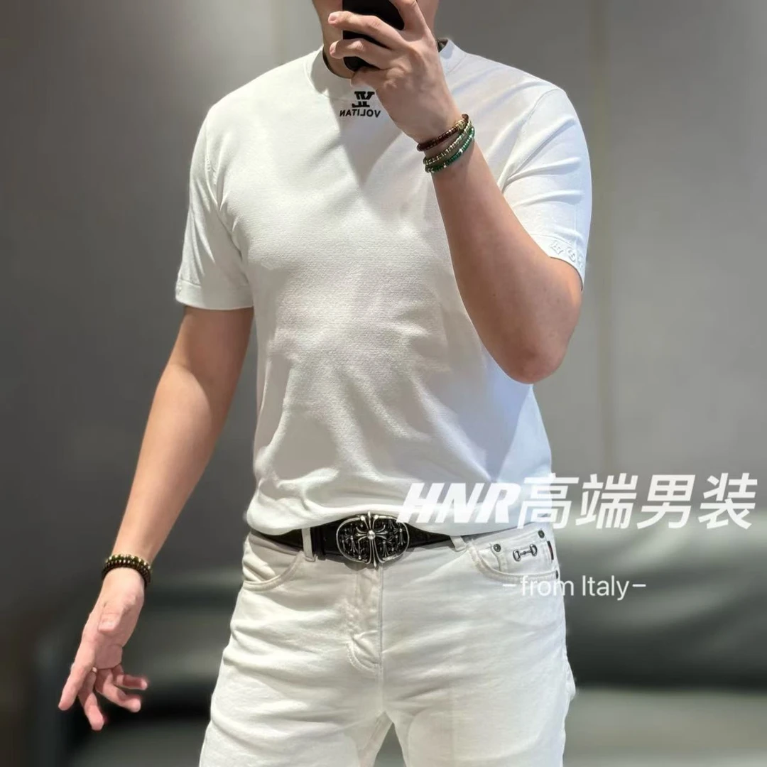 简约大气款百搭立体软硅胶点缀天丝伊力特丝男士短袖T恤66010