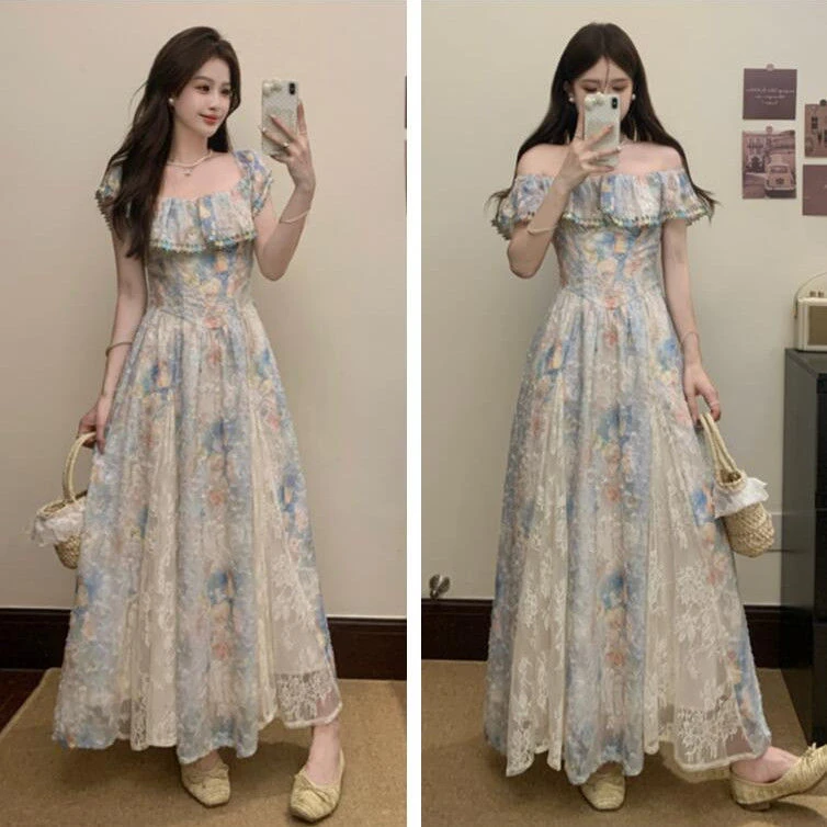 哥弟阿玛施正大码度假风一字肩碎花连衣裙女夏季胖mm高级感显瘦气