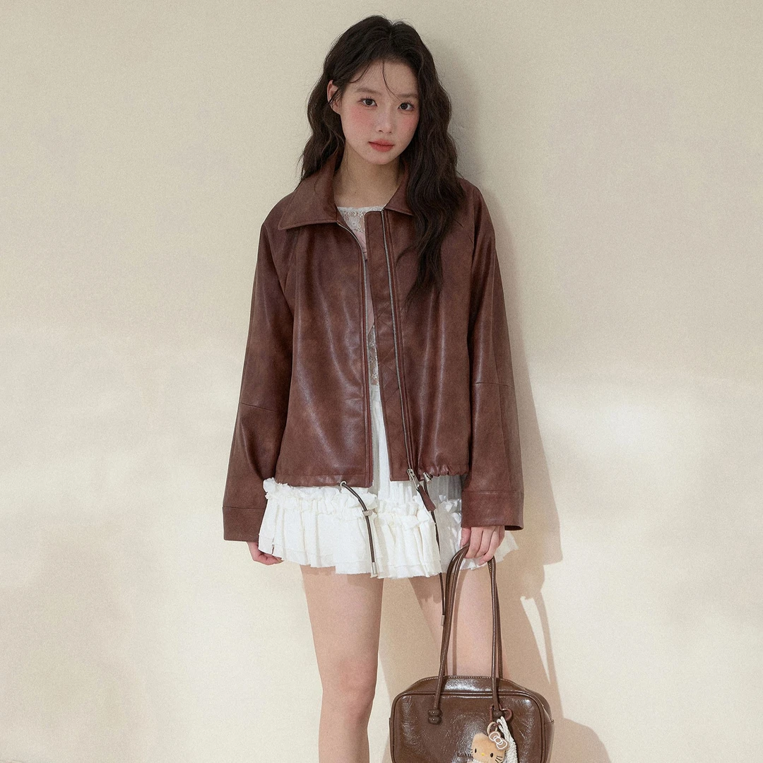 【NCXK】宽松休闲复古皮衣外套抽绳设计感拉链秋季百搭PU皮WT25138