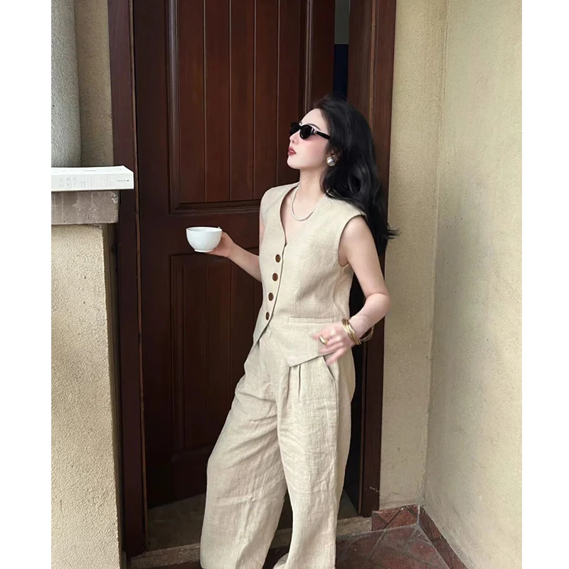 今年流行高级感老钱风时尚亚麻套装女西装马甲上衣阔腿裤两件套夏