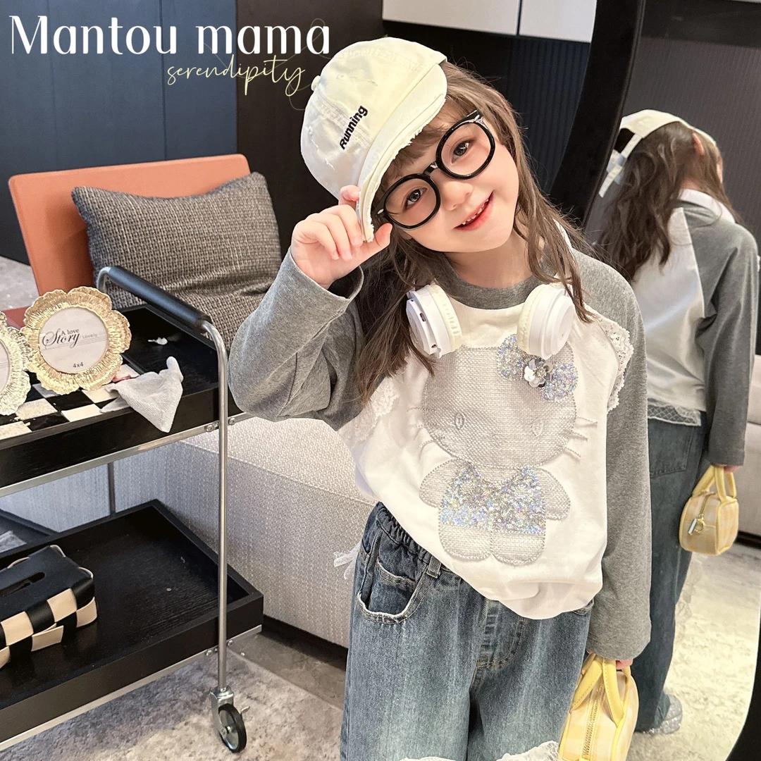 【Mantoumama】3【亲子·现货】插肩袖KT上衣女童春秋百搭精致亮片气质
