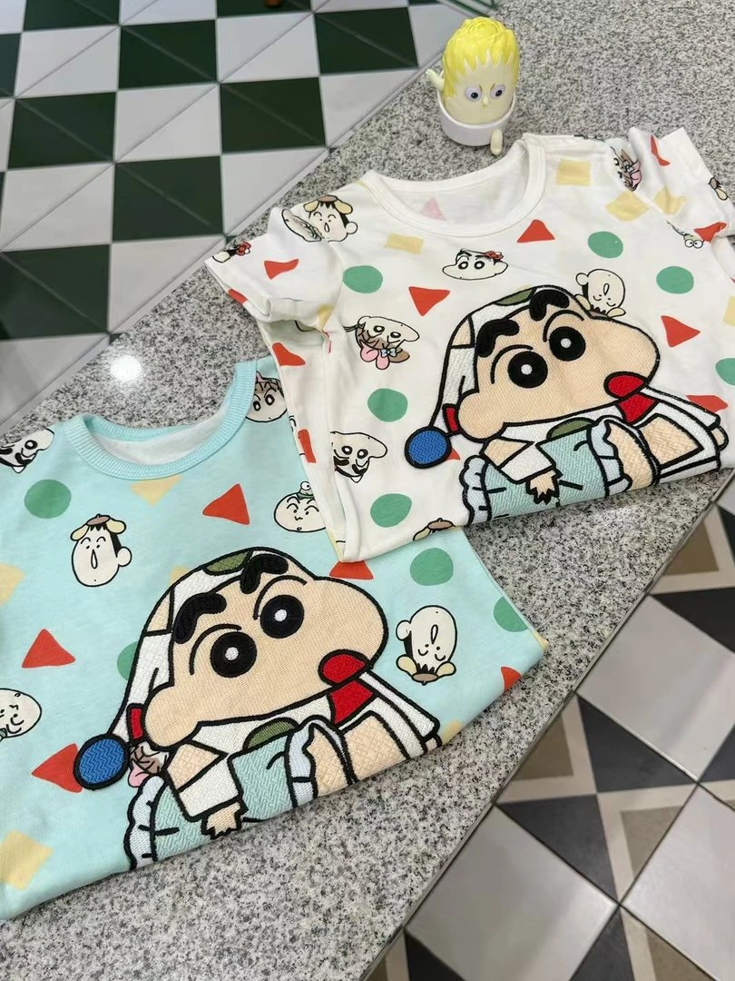 2025新款男童女童爬服夏季刺绣小新短爬卡通印花