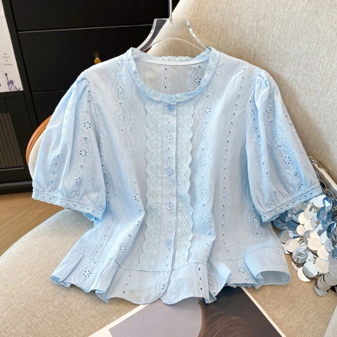 《帅宝妈》纯棉泡泡袖圆领短袖衬衫镂空小众韩版设计感短款衬衣