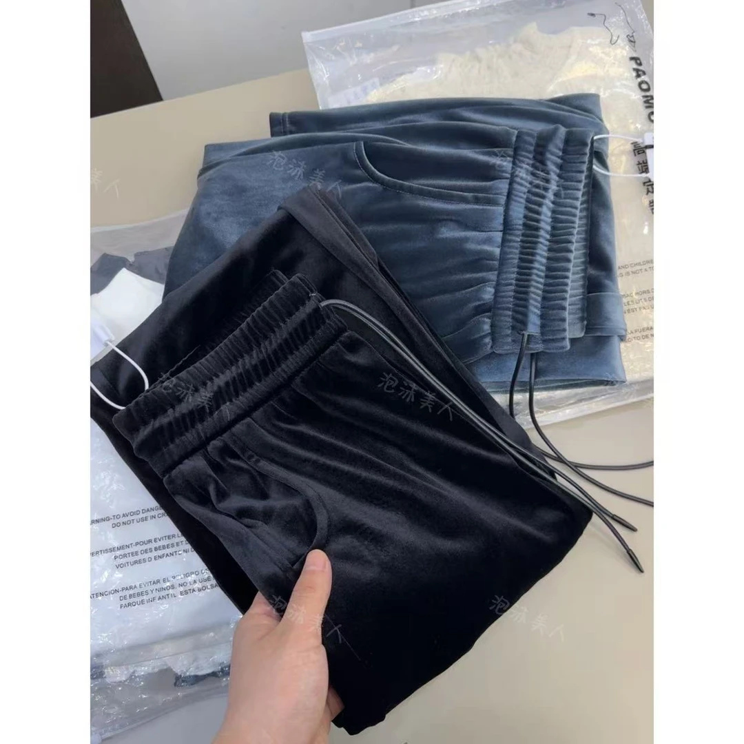 薄款丝绒裤」不沾毛阔腿裤新款休闲直筒垂挺坠感丝绒裤