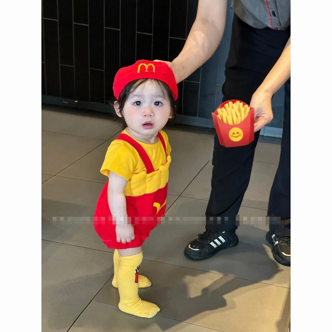 婴儿衣服夏装宝宝薯条开荤仪式外出服超萌夏季套装连体衣百天夏季