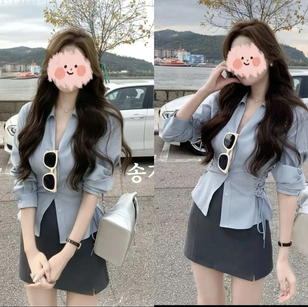 时尚套装女法式设计感别致修身条纹衬衫春秋韩系裙子收腰上衣套装