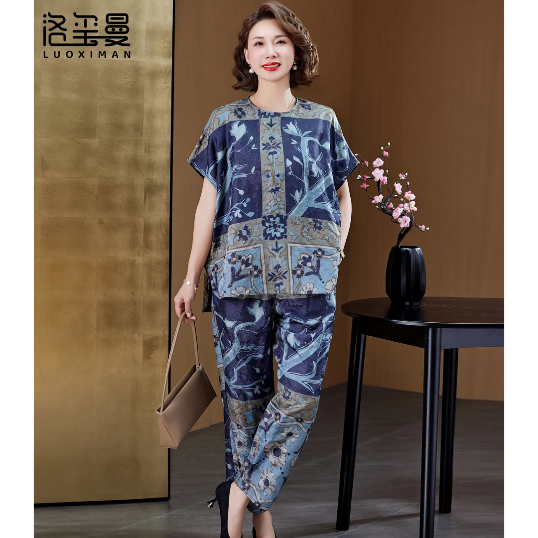 洛玺曼重缎真丝香云纱高端套装大码女装夏季新款妈妈显瘦两件套