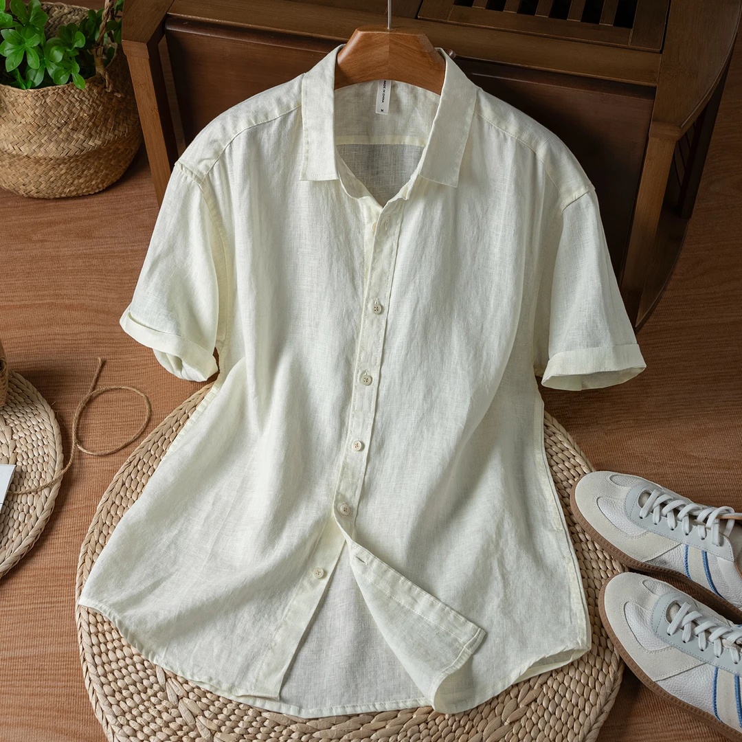 麻尚生活2025亚麻薄款文艺短袖衬衣男夏季休闲宽松半袖翻领T恤衫