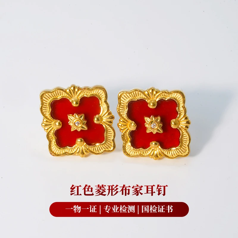 【金耳饰】粉/白/红色菱形布家耳钉黄金5G足金999轻奢附加【188/20】
