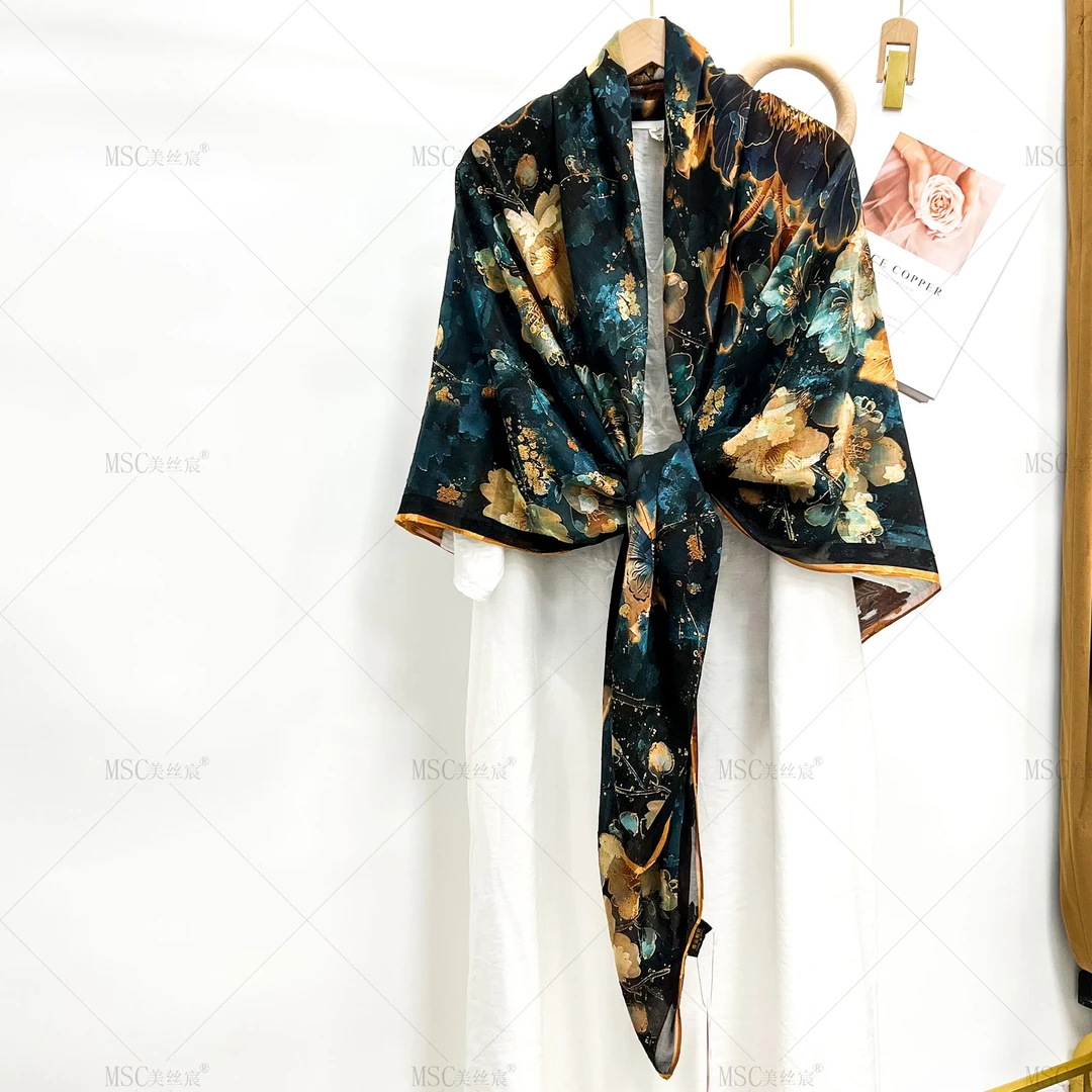 美丝宸【蝴蝶牡丹】140*140双面烧花工艺大方巾高端气质丝巾披肩