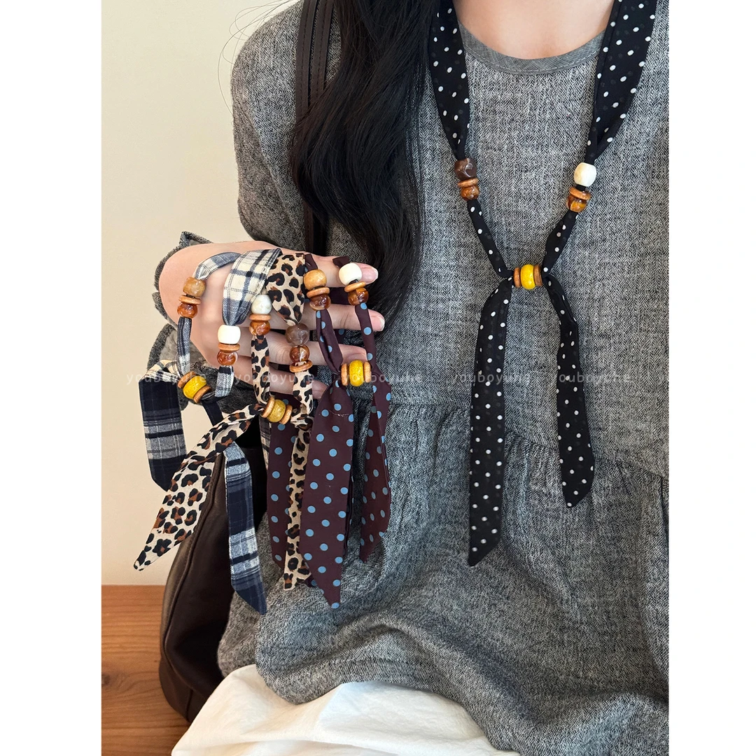 非金属布艺项链 复古豹纹丝巾项链女小众设计感毛衣链挂脖丝巾