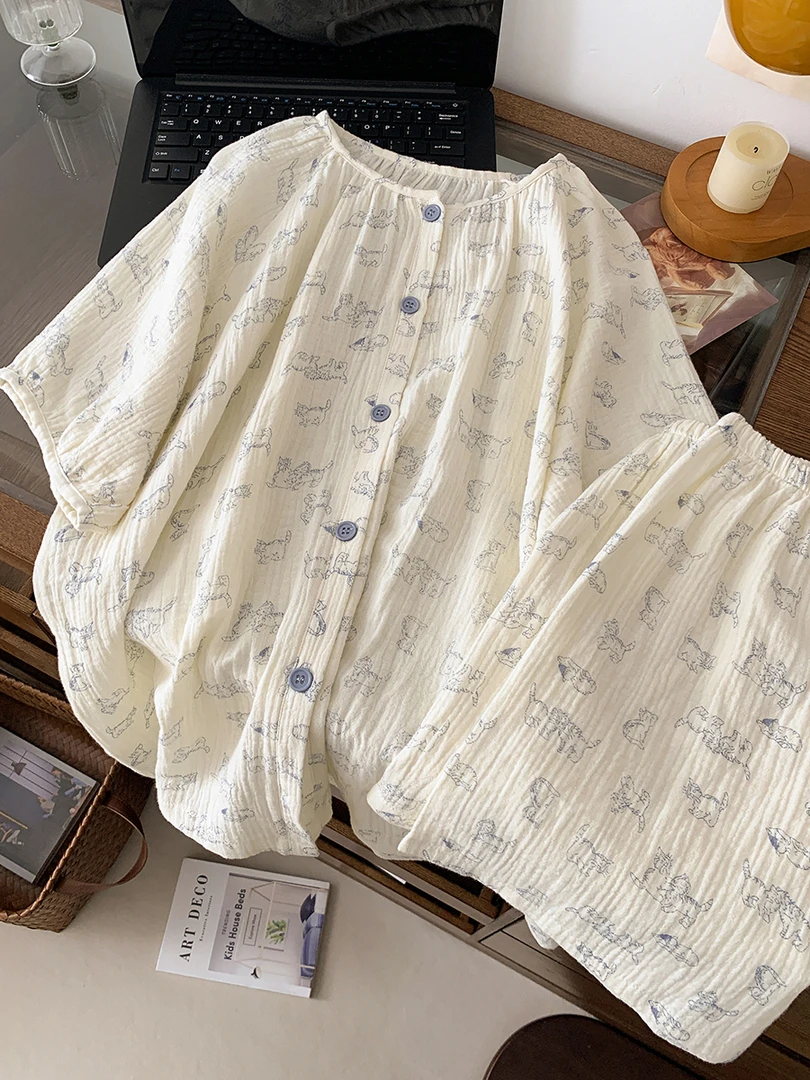 运补4-6棉纱睡衣女夏季新款短袖短裤甜美少女风家居服套装可外穿