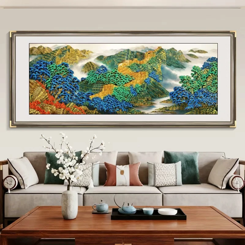 浮雕肌理鎏金画万里长城靠山图客厅背景墙装饰画办公室挂画山水画