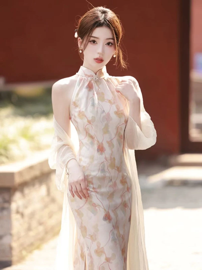 0964 领口 钉珠 挂脖 【花艺】双 显瘦旗袍 无披肩