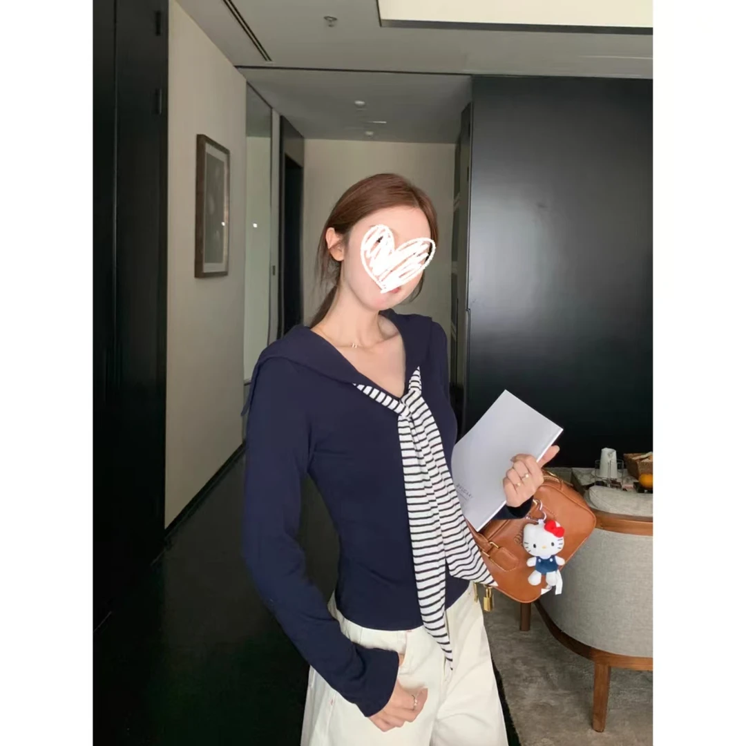秋季新款长袖T恤小众学院风海军领假两件上衣女H375