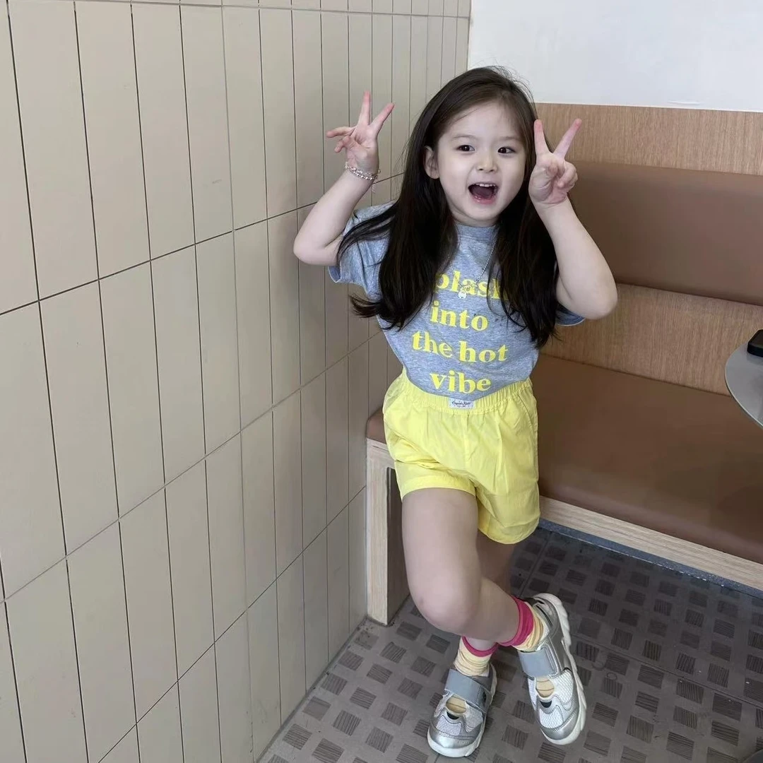 壹妈童装韩版女童时髦洋气套装2025夏装新款儿童短袖T恤速干短裤