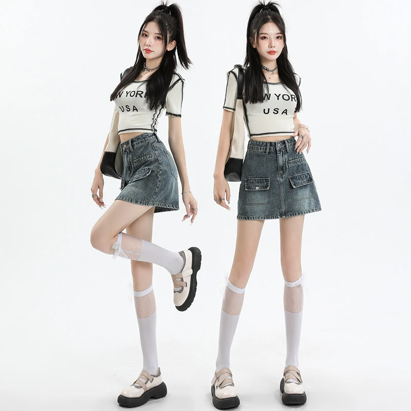 8301#时尚INS风高腰百搭半身裙A字复古少女薄款小个子牛仔短裙