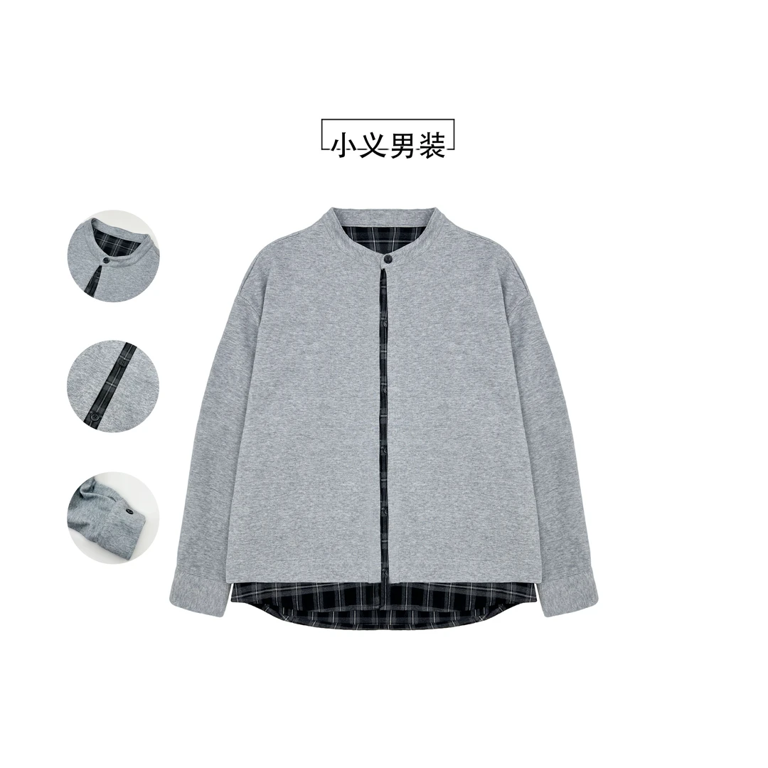 25863 秋季男士假俩件时尚棒球领夜影格玛瑙平纹夹克外套