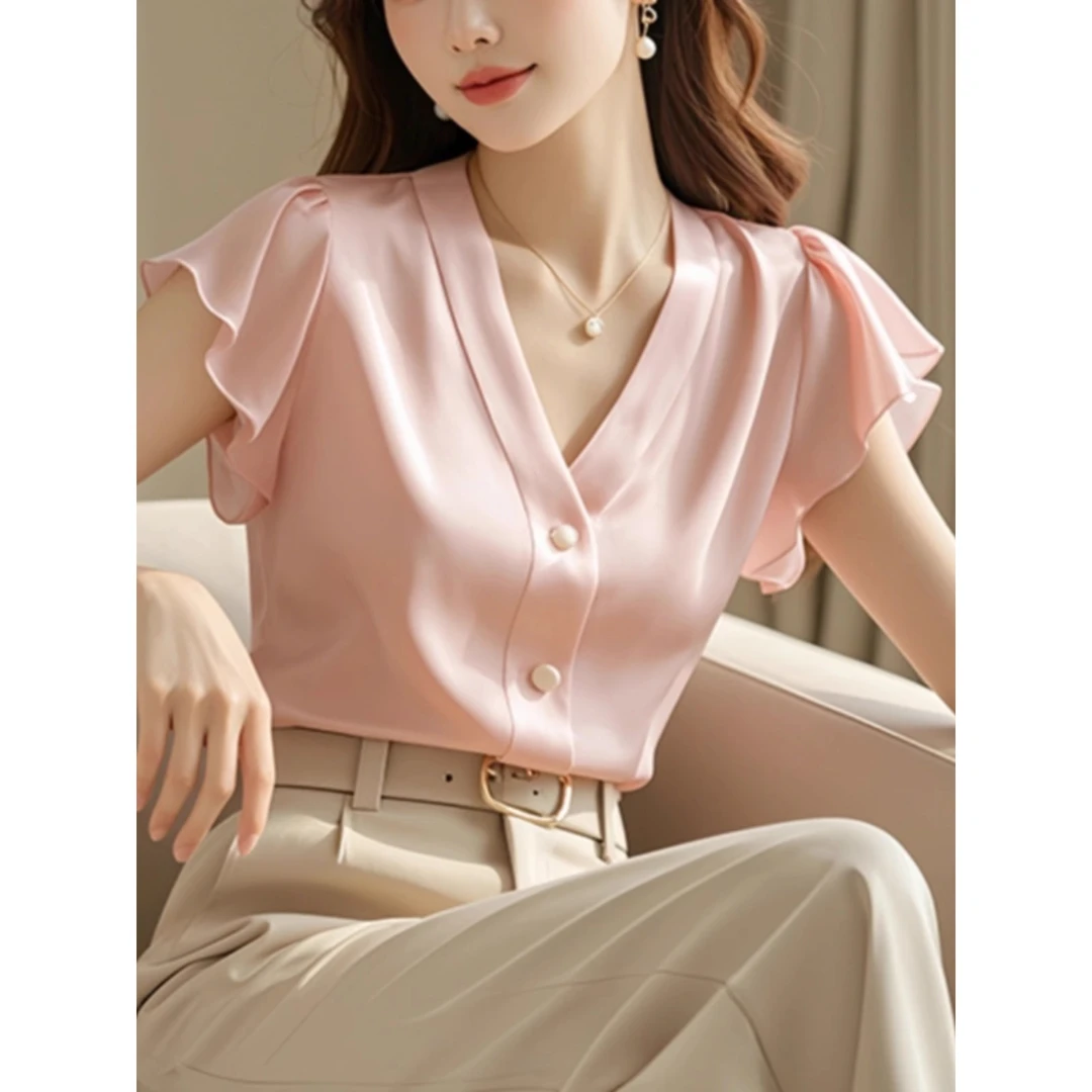 时尚洋气气质粉色V领短袖衬衫女夏季新款简约通勤名媛风宽松上衣