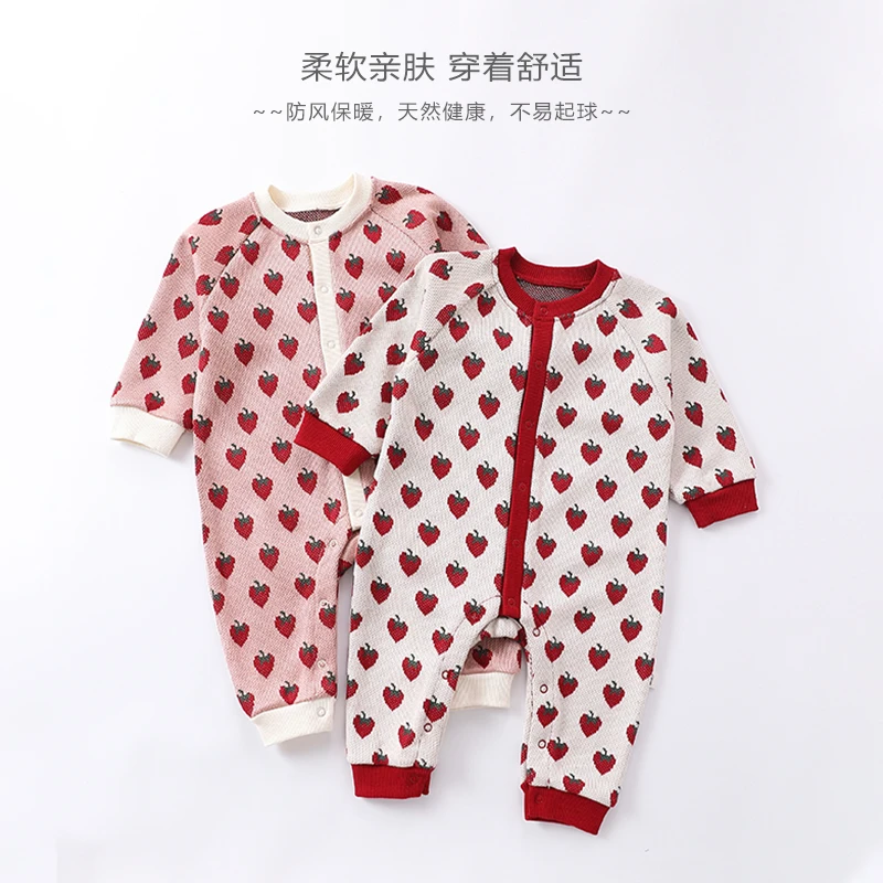 可爱草莓针织婴儿连体衣洋气百搭宝宝周岁哈衣爬服
