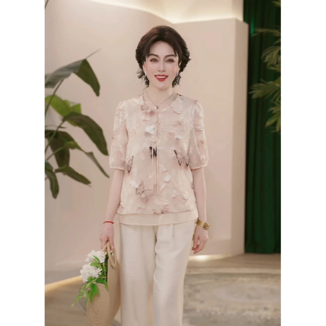 2025夏装新款妈妈装两件套中国风上衣洋气小衫中老年女装宽松套装