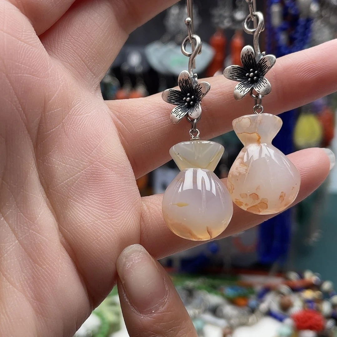 玛瑙/玉髓耳钉银S925镶嵌用****1饰品