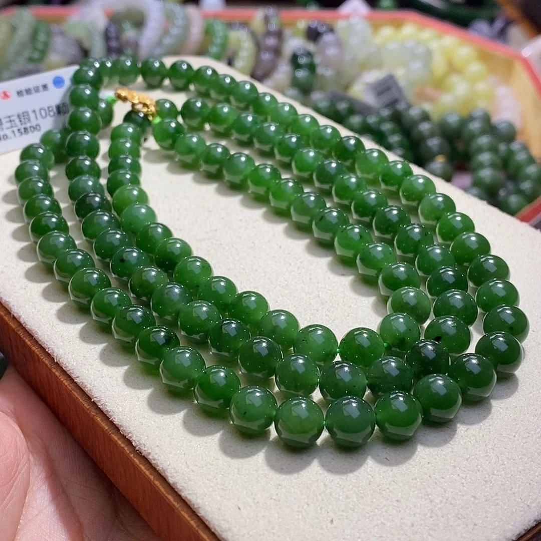 颈饰未镶嵌和田玉碧玉菠菜绿108项链卡8