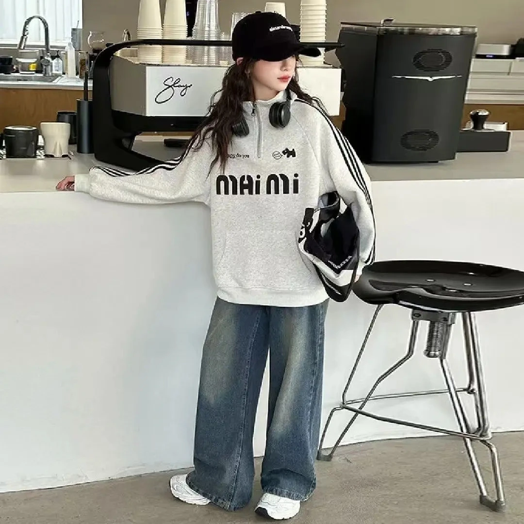 女童秋裤卫衣外套2025新款中大儿童美式立领小女孩运动秋季上衣潮