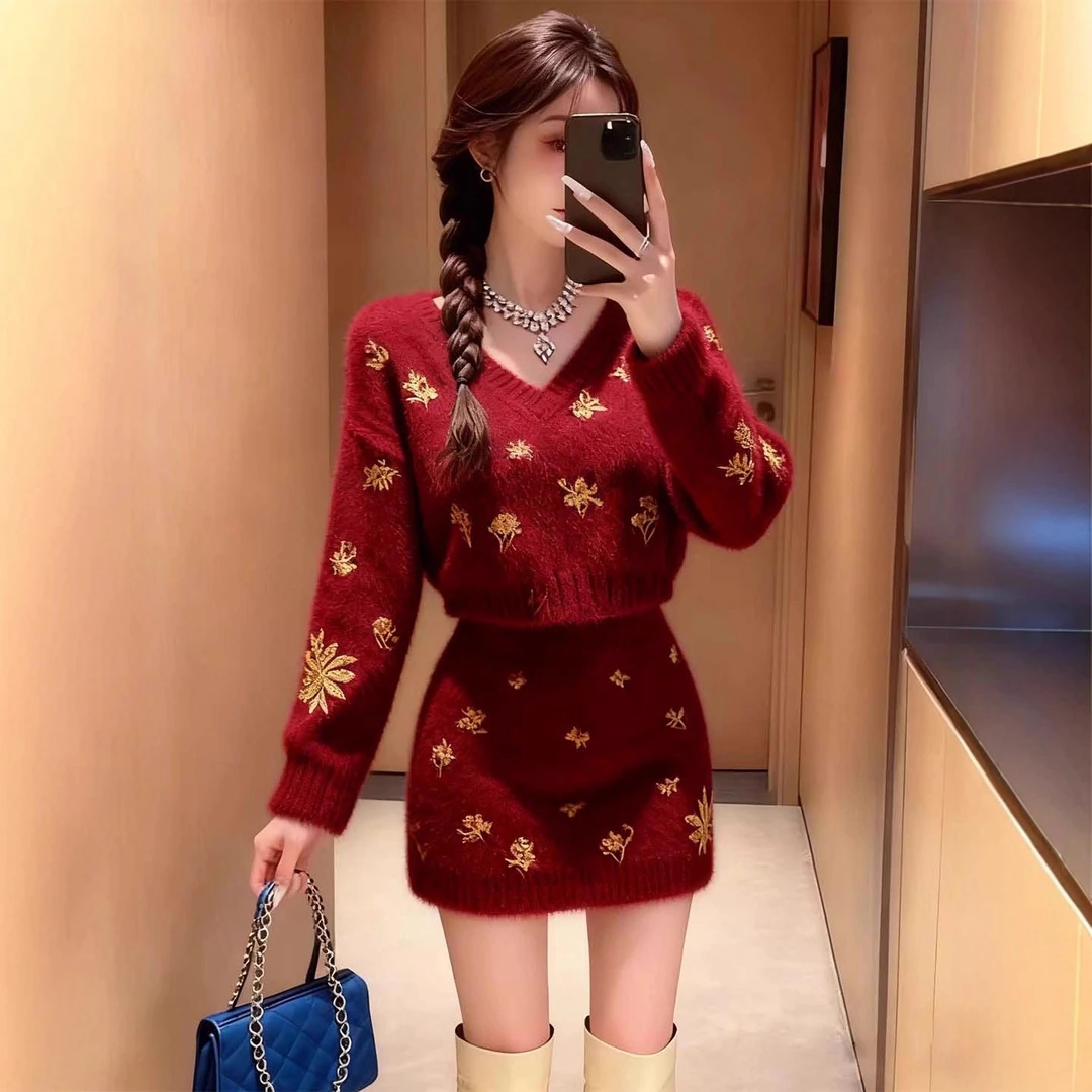 秋冬装圣诞氛围感新年穿搭气质高级感红色V领毛衣半身裙针织套装