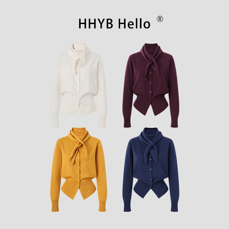 HHYB Hello2025秋冬季新款韩系圆领长袖针织开衫+小方巾上衣M1267