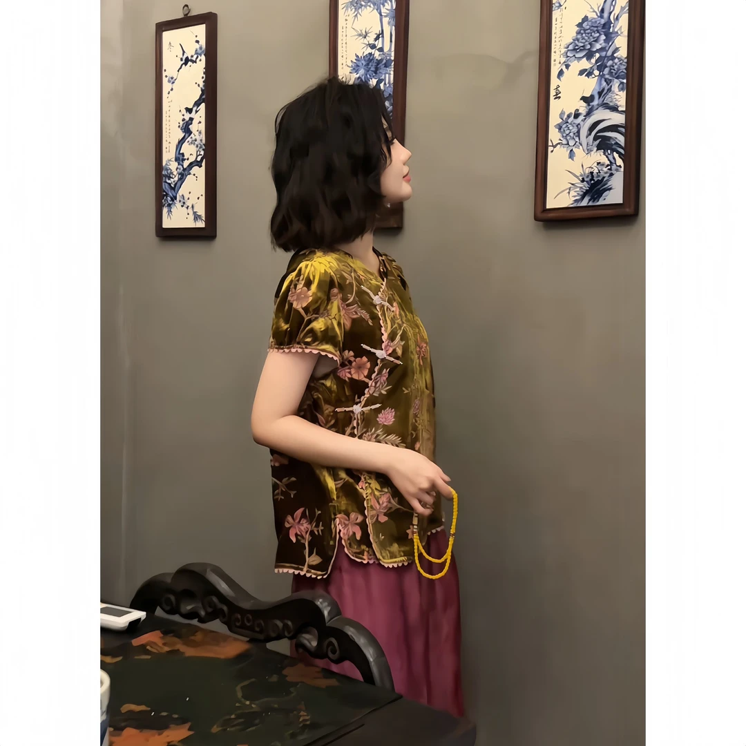 芊禧•金藤•2025夏100人丝原创金丝绒冰感紫金烧花短袖上衣YM2089