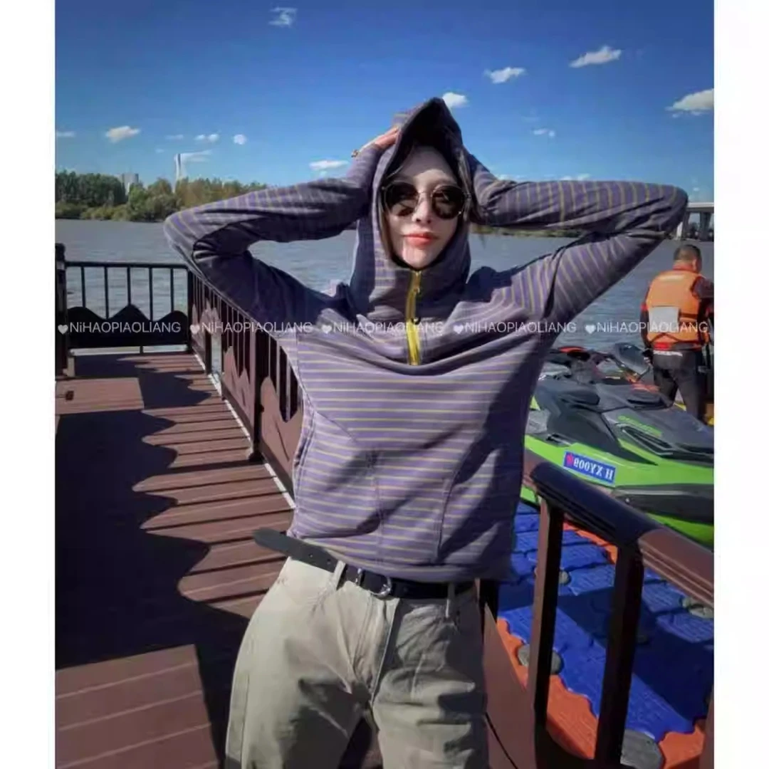 高品质欧货半开领连帽条纹T恤女2025秋冬新款休闲风时尚洋气上衣