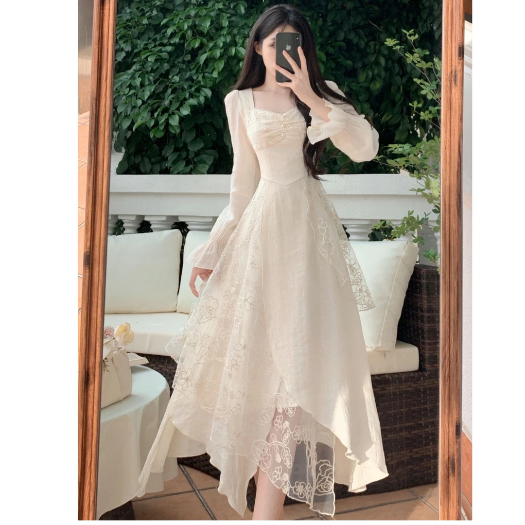 大码纯欲白月光蕾丝拼接不规则气质方领显瘦中长款连衣裙16770