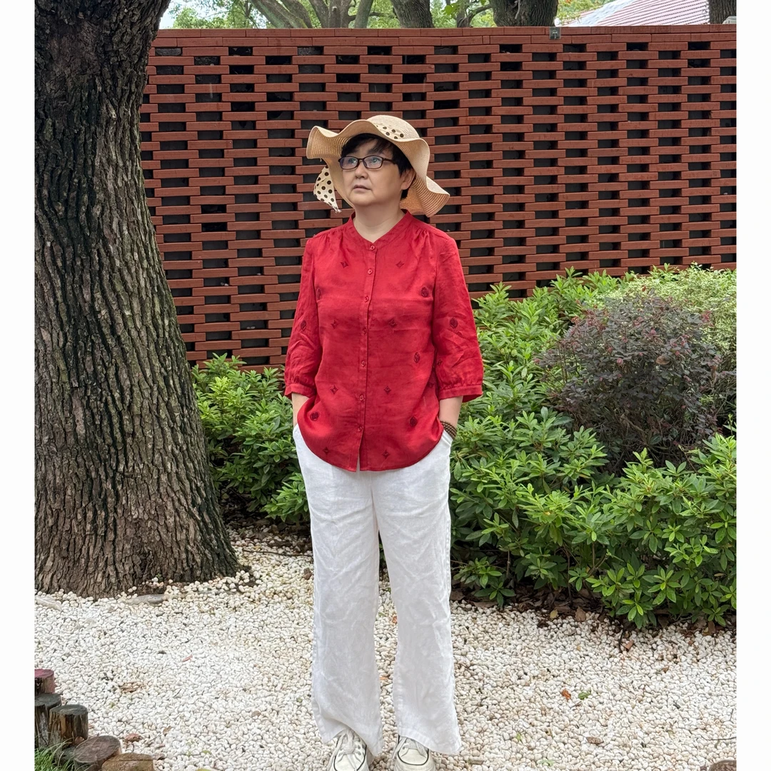 木笛夏季100苎麻衣宽松衬衫薄款百搭休闲小衫提花衬衣文艺风女士