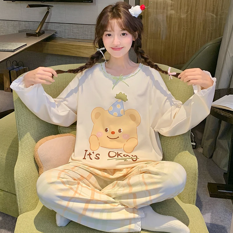 长袖睡衣女款春秋季卡通青少年女孩纯棉两件套装初中生大童家居服