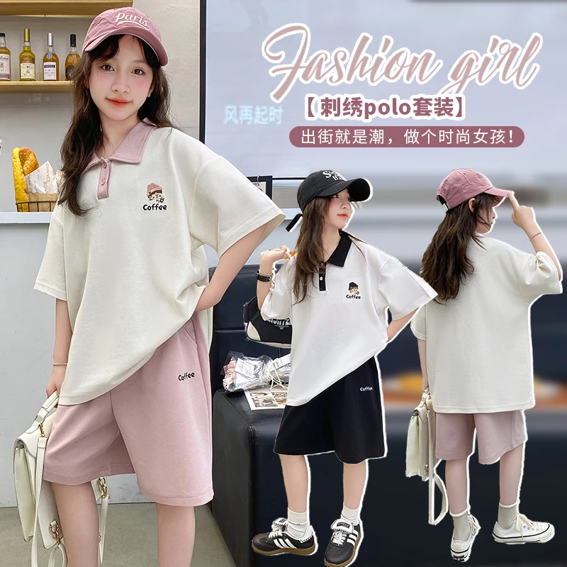 女童夏季学院风polo衫撞色短袖套装2025中大童夏装休闲短裤两件套