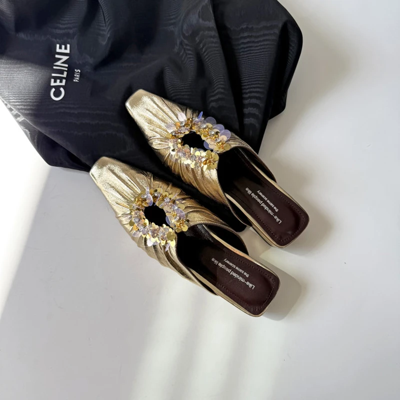 法式小众设计感方头镂空褶皱穆勒鞋女夏季外穿亮片小坡跟包头拖鞋