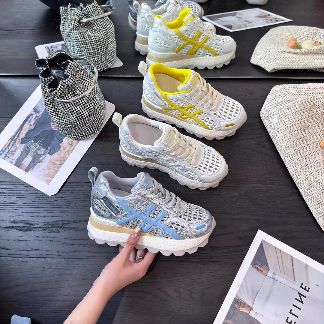 8CM~内增高编织镂空老爹鞋女2025夏季爆款百搭透气休闲阿甘德训鞋