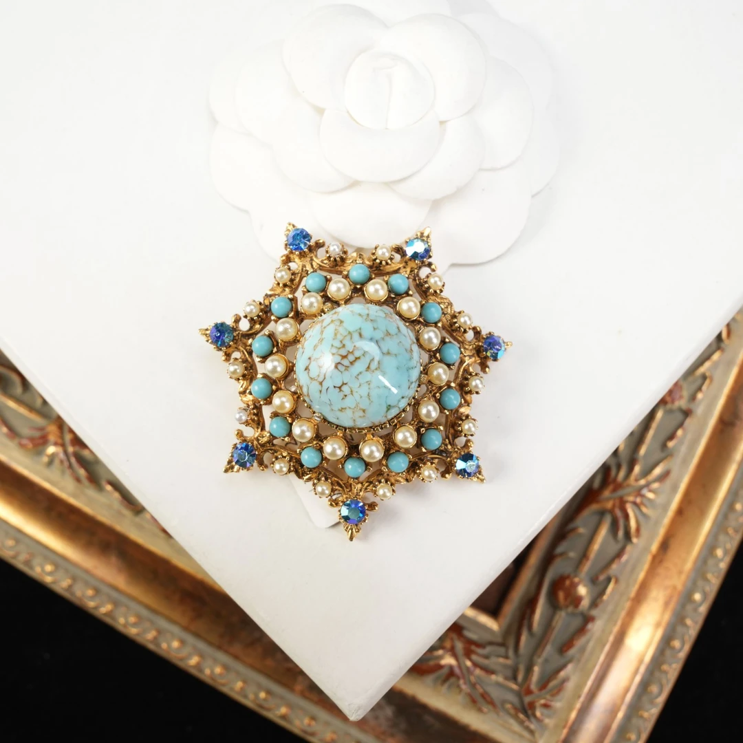 合金胸针 柚礼中古/蓝色蛋面星芒胸针lz401251