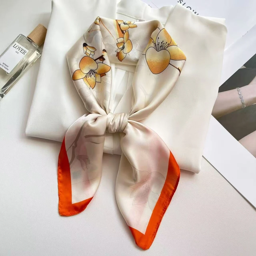 A051【橙色山茶】新款国风夏季百搭丝巾